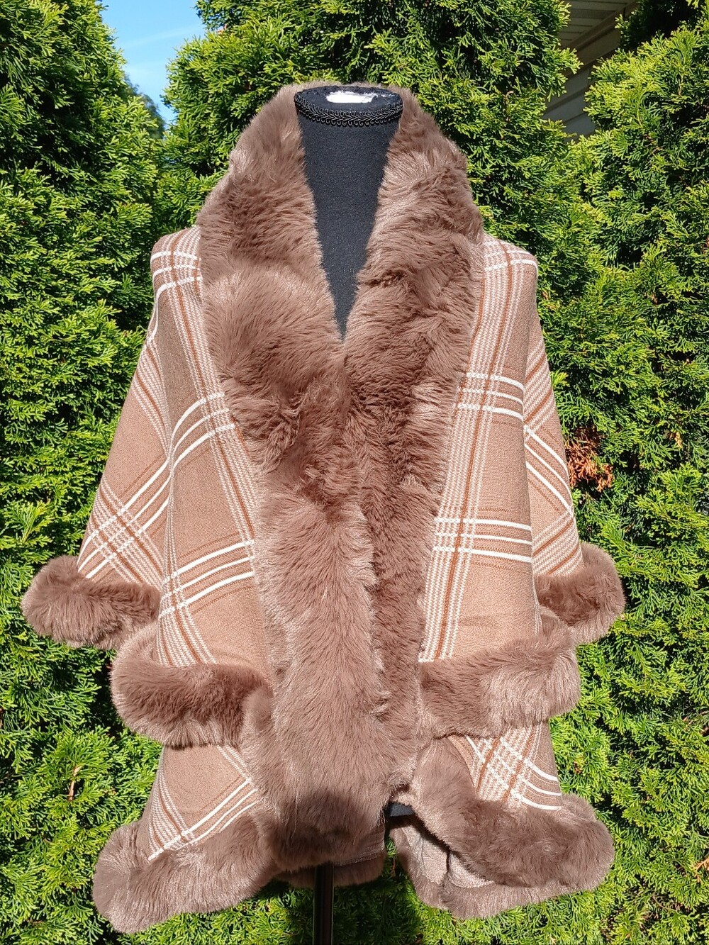 Magnificent Mocha Latte Plaid Wrap Jacket With Faux Fur Accents